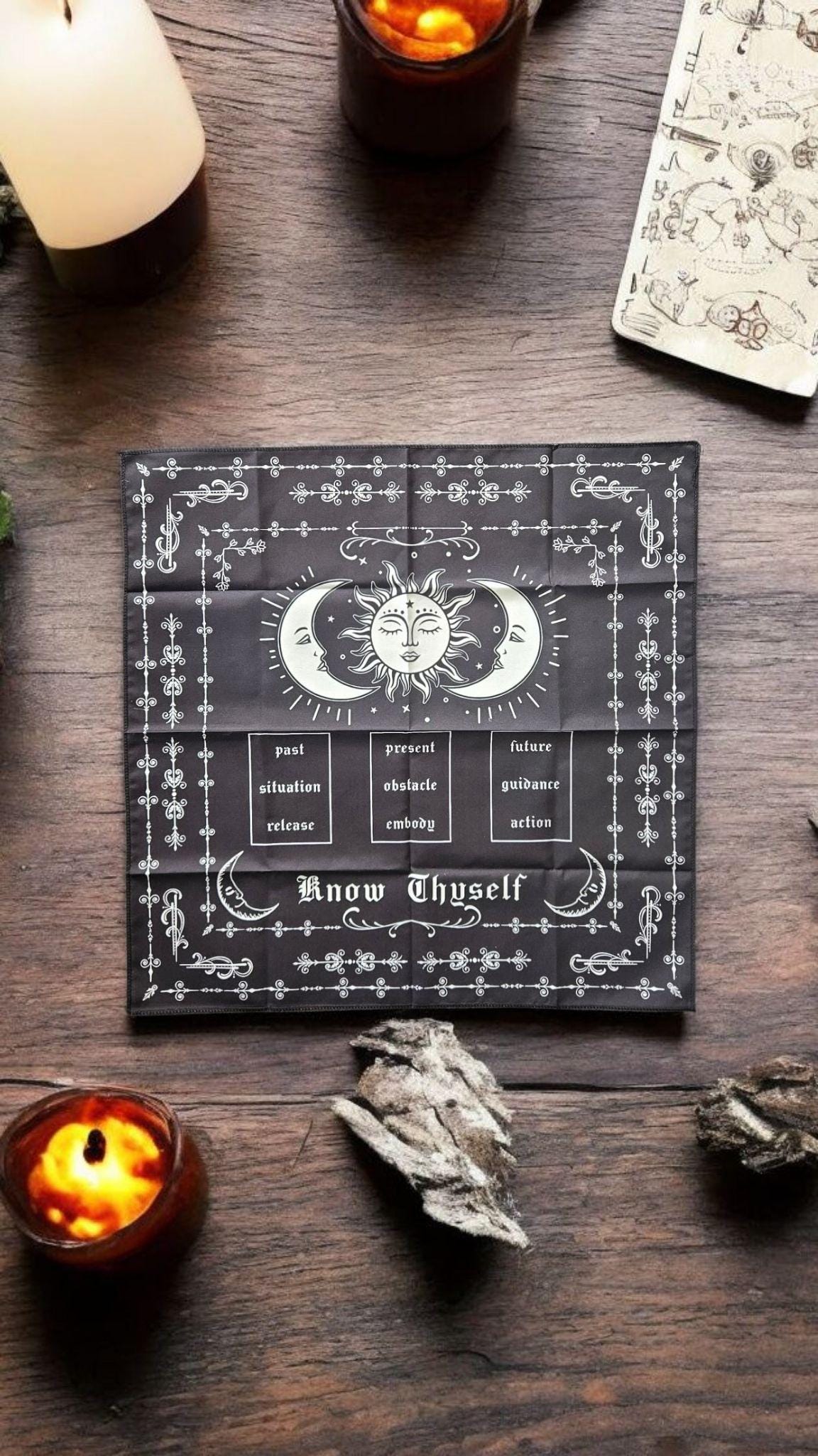Know Thyself Tarot Cloth – Sun & Moon Altar Decor, Black Fabric with Zodiac Symbols, Witchy Spiritual Mat for Readings and Rituals
