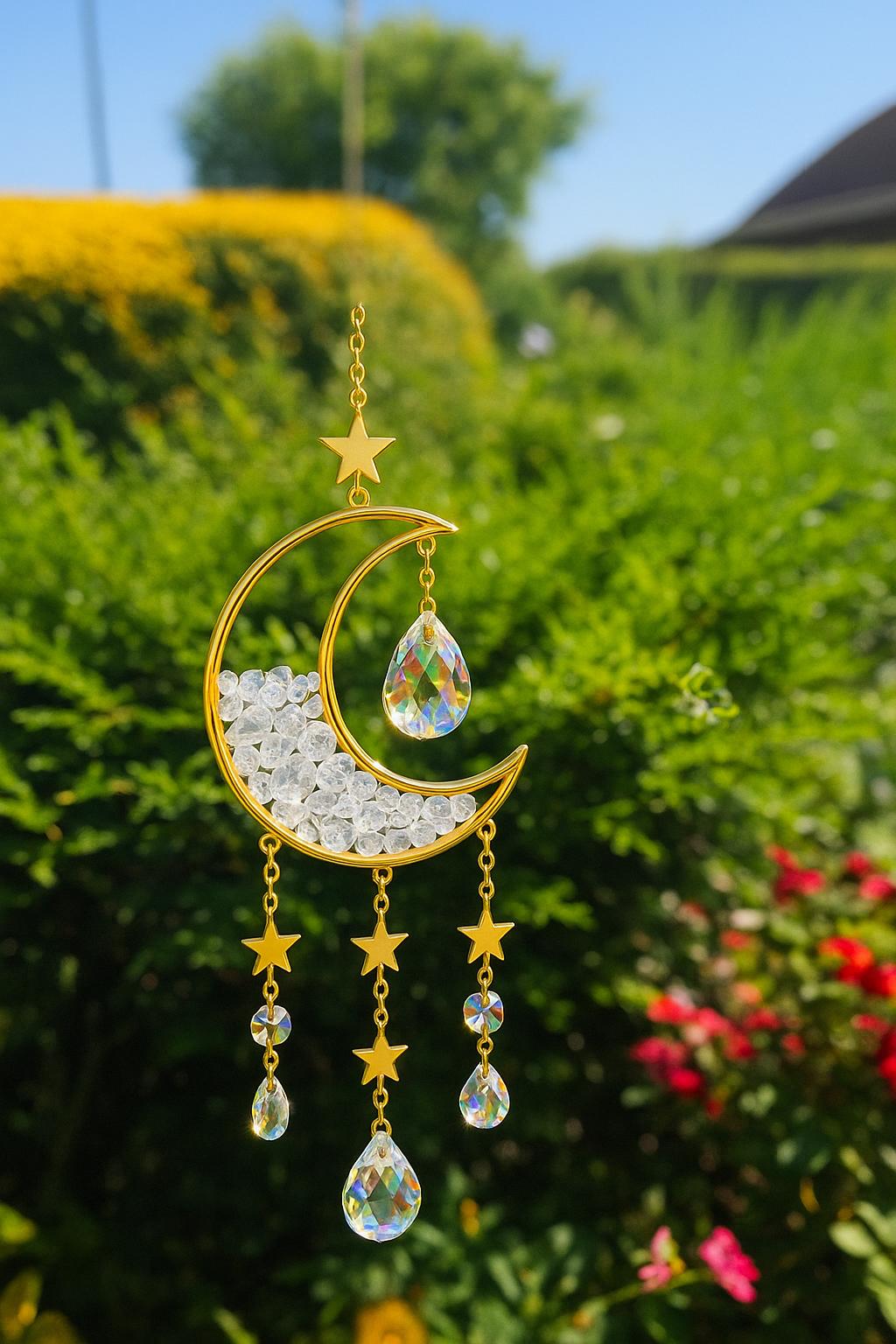 Crescent Moon & Stars Resin Suncatcher – Iridescent Hanging Ornament for Window, Car, or Room Decor