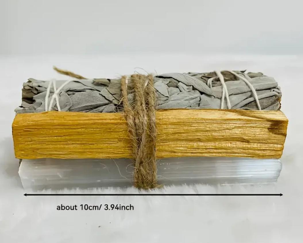Aromatherapy Purification Set | Sage, Peruvian Holy Wood (Palo Santo), Crystal Stick | 10cm | For Meditation, Smudging & Clearing Negativity