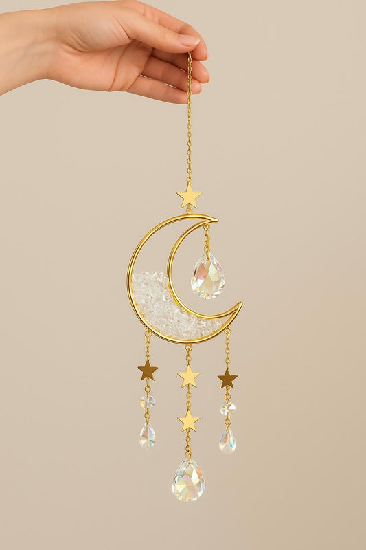 Crescent Moon & Stars Resin Suncatcher – Iridescent Hanging Ornament for Window, Car, or Room Decor