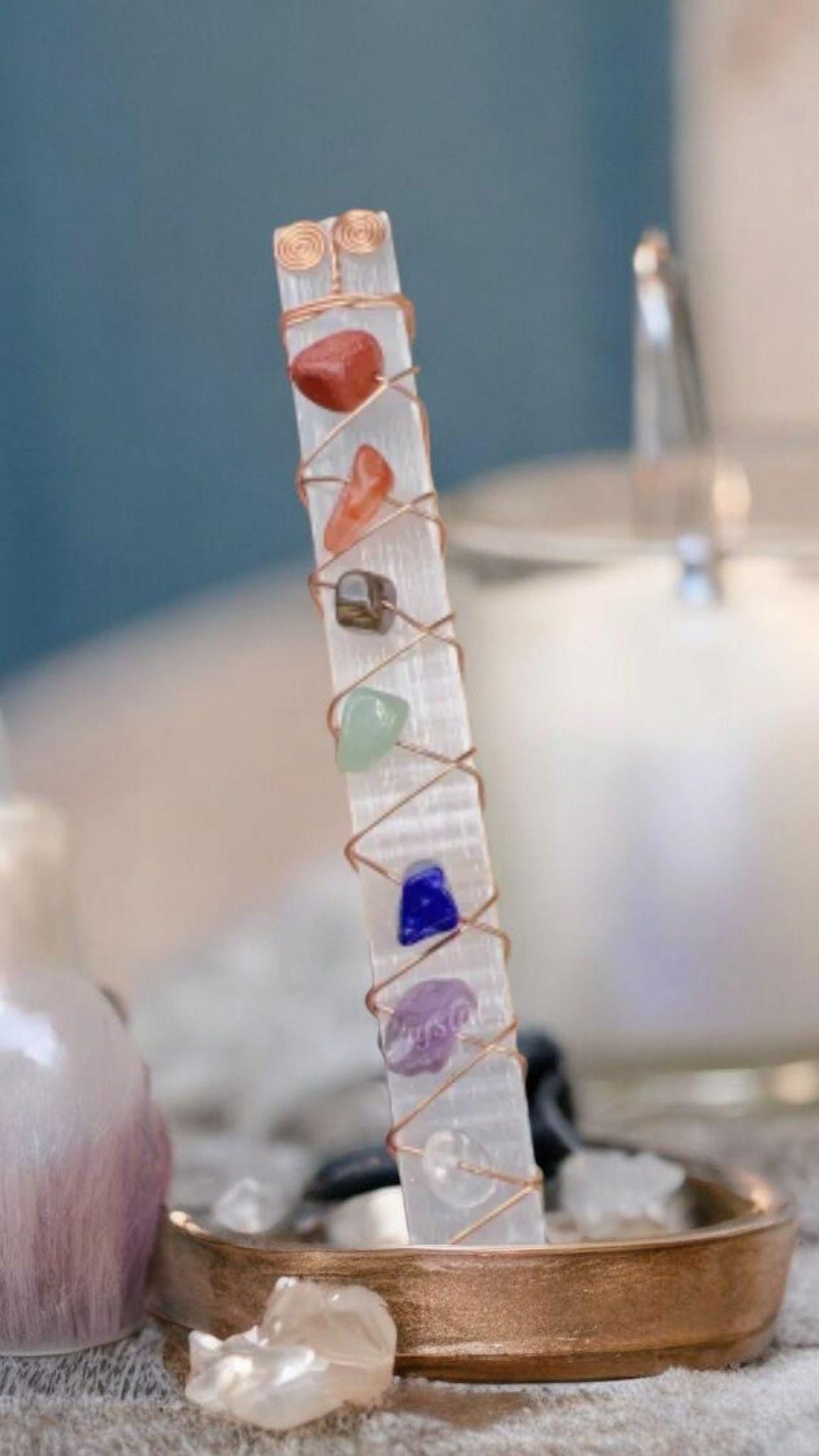7 Chakra Selenite Wand – Crystal Chip Healing Stick