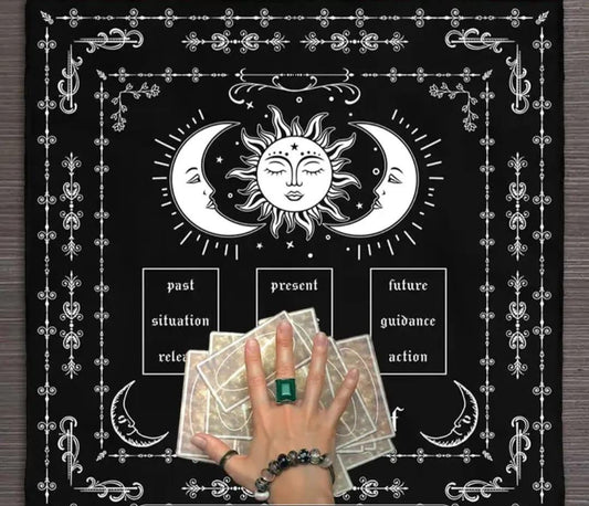 Know Thyself Tarot Cloth – Sun & Moon Altar Decor, Black Fabric with Zodiac Symbols, Witchy Spiritual Mat for Readings and Rituals