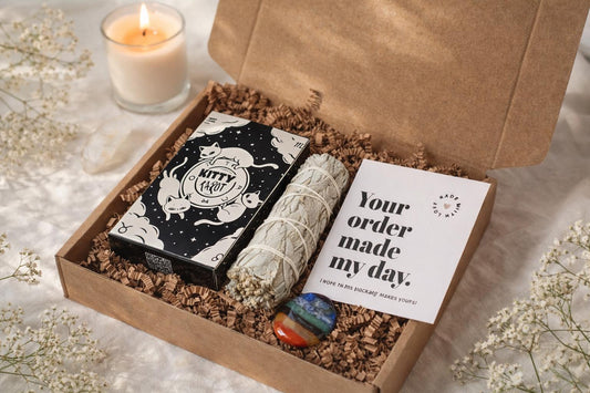 Spiritual Gift Box with Tarot Cards, Sage & Chakra Stone | Crystal Cleansing Kit | Witchy Self Care Gift