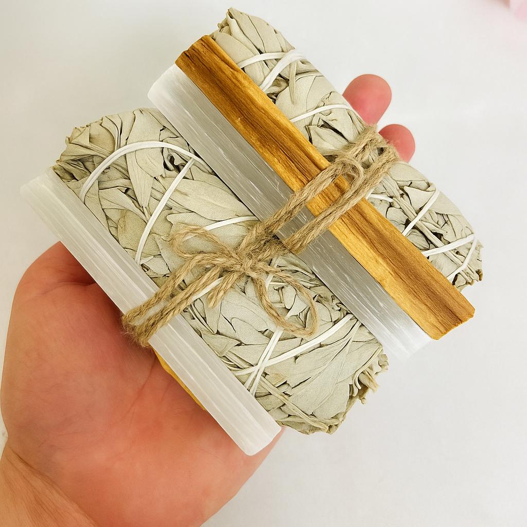 Aromatherapy Purification Set | Sage, Peruvian Holy Wood (Palo Santo), Crystal Stick | 10cm | For Meditation, Smudging & Clearing Negativity